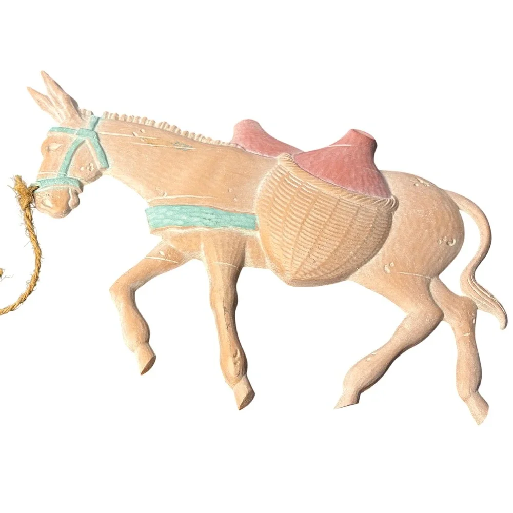 Vintage Mexican Folk Art Wall Hanging Man Leading Donkey‎ 2pc Set Rustic Decor